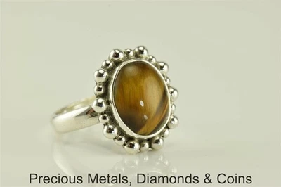 Sterling Silver 20mm Beaded Bezel Polished Tiger`s Eye Cabochon Ring 925 Sz: 7.5 - Image 1 of 4