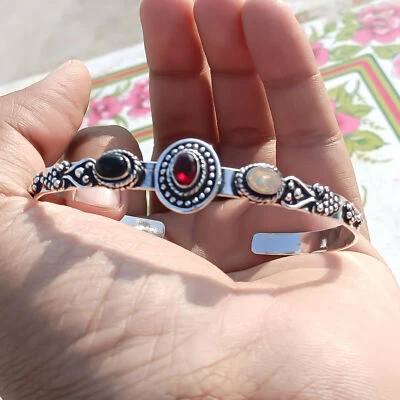 Bracciale in argento sterling 925 con più pietre preziose opale di fuoco,... - Immagine 1 di 4