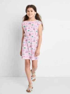 New Gap Kids Girls Cross Back Pink Vacation Print Cap Sleeve Cotton Dress 6 7 8 - Picture 1 of 1