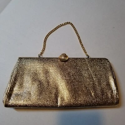 Vtg Metallic Gold Clutch Purse with Disappearing Chain Strap Kiss Closure JHS - Image 1 of 4