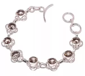 NATÜRLICHES RUNDES RAUCHQUARZ 925 STERLINGSILBER KETTENARMBAND 7,5"" HANDGEFERTIGT - Bild 1 von 3