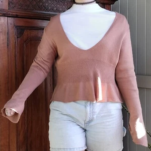 Showpo Womens Jumper Sweater Size 16 Brown Knit Bell Sleeve V Neck Ruffle Winter - Picture 1 of 9