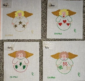 Needlepoint Hand Painted Canvas Angel LOT of 4 w halo Mistletoe Hearts Stars NOS - Picture 1 of 8