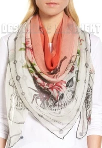 ALEXANDER MCQUEEN ivory & coral BOTANICAL SKULL silk chiffon 54" scarf NWT Auth - Picture 1 of 7
