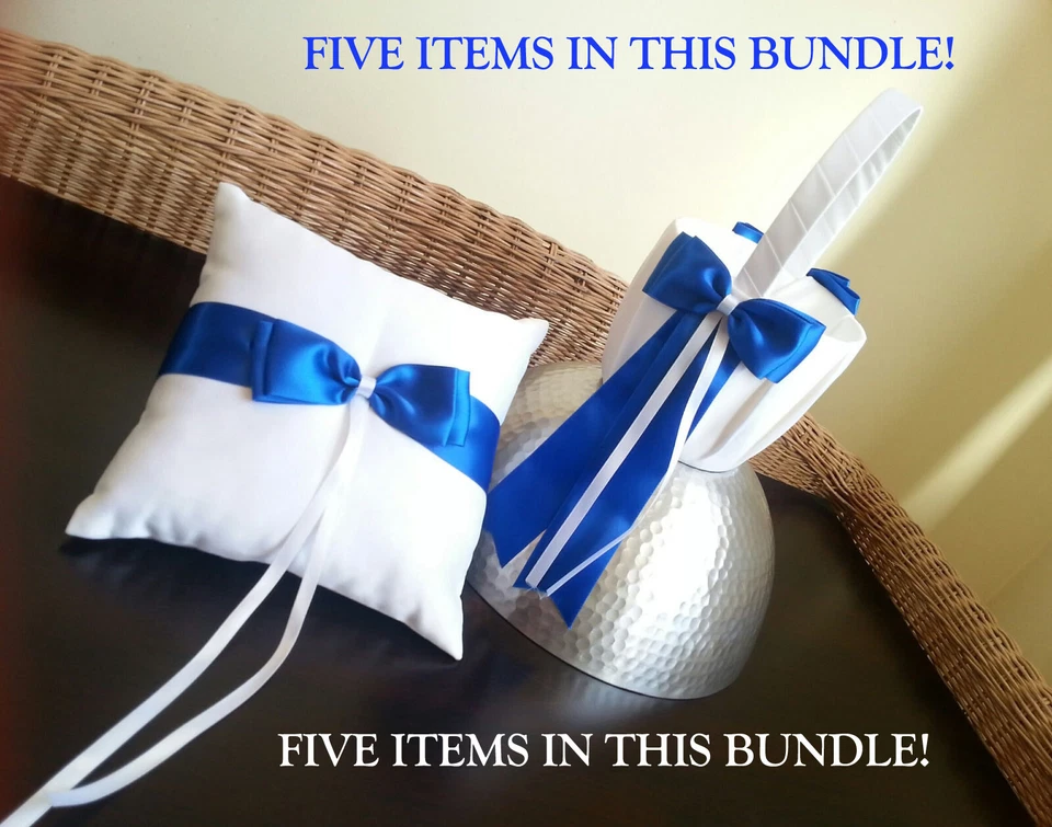 捆绑包 PETALS、TIARA、新娘纽扣和白色/蓝色戒指枕头和花篮全新无标签 — 第 1/4 张图片