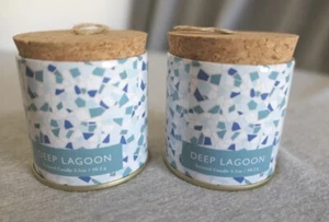 NEW Pair of Fleming Intl Deep Lagoon Scented Tin & Cork Blues Pillar Candle 2.5" - Picture 1 of 5