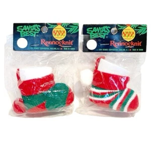 Vintage 1984 Knit Stocking Fillable Christmas Tree Ornaments Holiday Green Red - Picture 1 of 12
