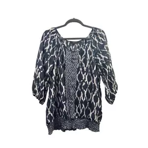 Peridot Bluse Damen Gr. XL blau elfenbein Bauern abstrakt 3/4 Ärmel elastischer Saum - Bild 1 von 11