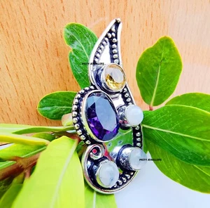 Amethyst With Moonstone & Lemon Quartz Silver Plated Handmade Ring, All Sizes - Picture 1 of 5