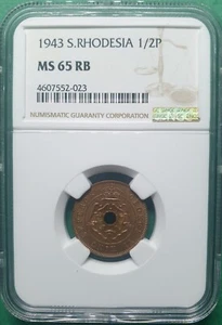 1943 SOUTHERN RHODESIA 1/2 PENNY NGC MS 65 RB - Picture 1 of 2