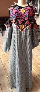 Dress Caftan Maxi Ethnic Cold Shoulder Arabic Embroidery Checkers Sz L n3 - Picture 1 of 12