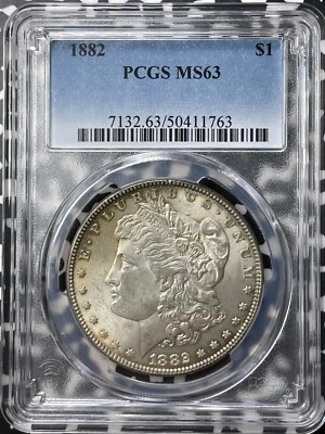 1882 U.S. $1 Morgan Dollar PCGS MS63 Lot#A9870 Large Silver! Choice UNC! - Image 1 of 3