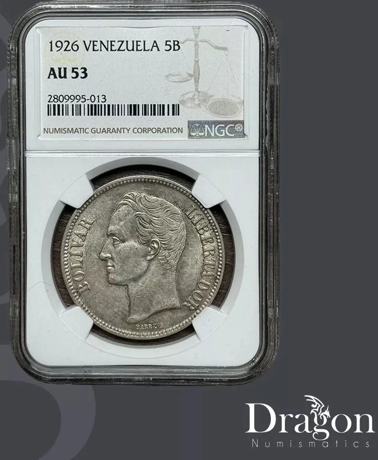Moneda de plata antigua de 5 bolívares Venezuela 1926 Simón Bolívar NGC AU53 🐉 Foto 1 de 2