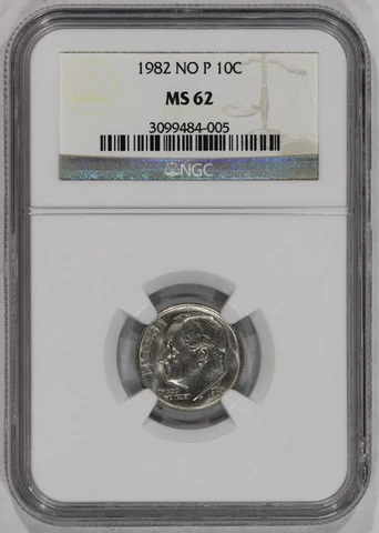 1982 No P 10c Roosevelt Dime NGC MS62 Cover