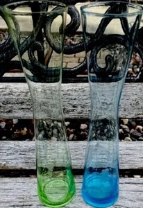 Vintage Ice Blue & Green Clear Glass Hour Glass Shape Vases Grape And Vine Etch - Picture 1 of 9