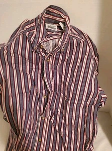 Basic Editions Button Up Shirt Men's Red White Blue Strip Short Sleeve Size Med - Picture 1 of 2