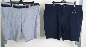 M&S Men's Blue Striped Belted/Navy Plain Shorts 2xPcs Size 44" NWOT F2 - Picture 1 of 10