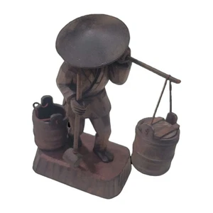 Vtg Asian Hand Carved Wood Figurine Man Carrying Buckets of Water 1940s - Picture 1 of 8