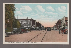 Clear Lake IOWA c1915 CALLE PRINCIPAL Tiendas TROLLEY LINE Coches DÍA OCUPADO IA B2 - Imagen 1 de 2