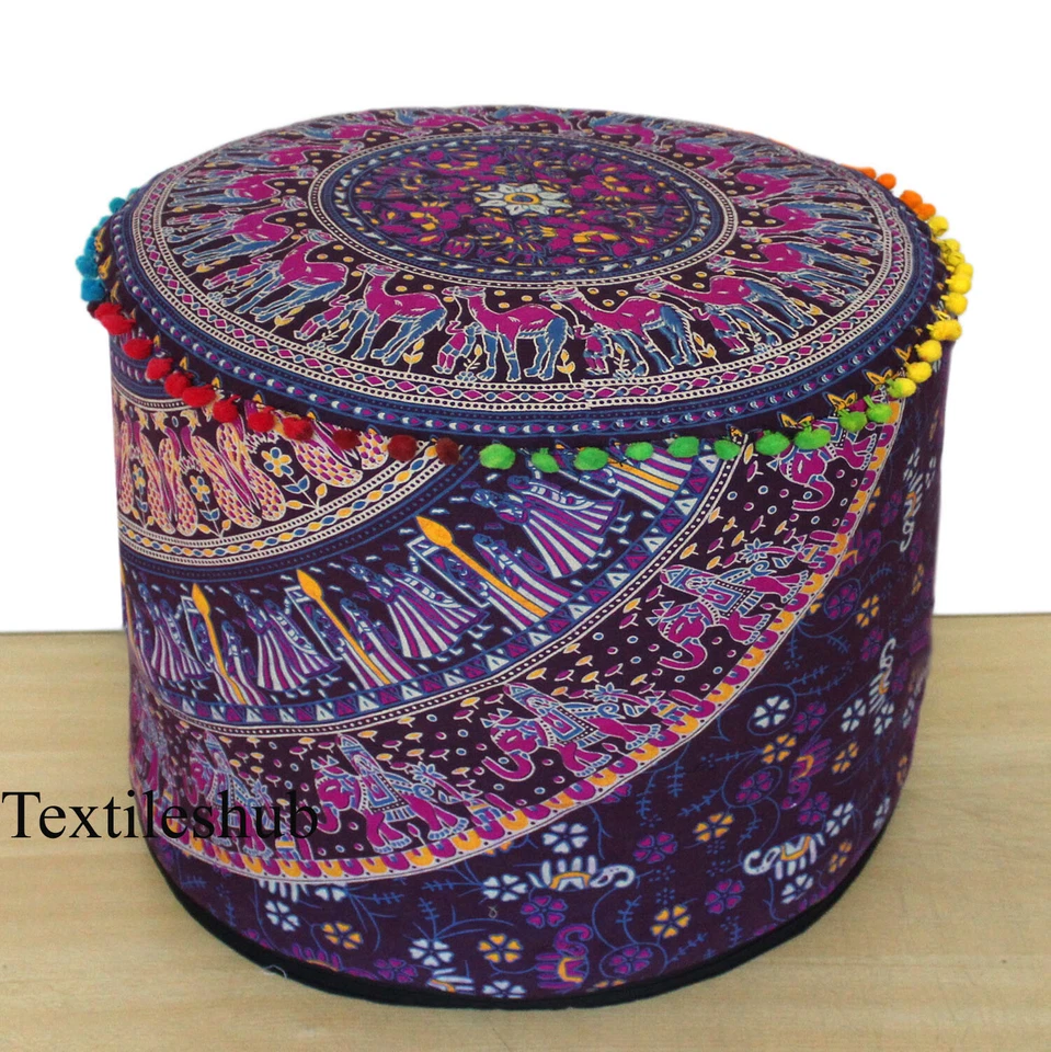 New 18" Indian Mandala Round Ottoman Seating Footstool Handmade  Pouf Cover Case - Image 1 of 4