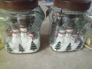 2 - 6 1/2" Primitive Lighted Jar Christmas Trees Snowmen Pine Branches Berries - Picture 1 of 9