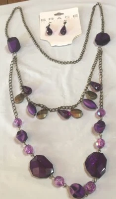 Collar Pendiente Dorado Latón Tono Púrpura Juego a Juego Nuevo Gracia Minorista $39.50 Pierce Foto 1 de 4