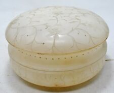 Antique White Marble Round Powder Vanity Box Original Old Hand Carved