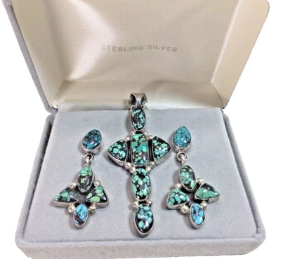 Collar y pendientes LD Lowell Draper de plata esterlina turquesa cruz 27 g 11 pulgadas Foto 1 de 4