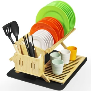 Bamboo Dish Drying Rack with Dish Drying Mat, 3 Tier Collapsible Dish Rack, L... - Picture 1 of 7