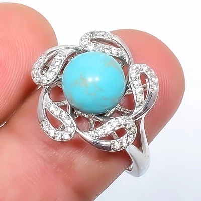Anillo de joyería enchapado en plata con piedras preciosas azul cobre turquesa y circonita cúbica ajustable (6 Foto 1 de 3