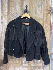🔥Vintage 80s Black Western Biker Suede Fringe Jacket Boho - Picture 1 of 4