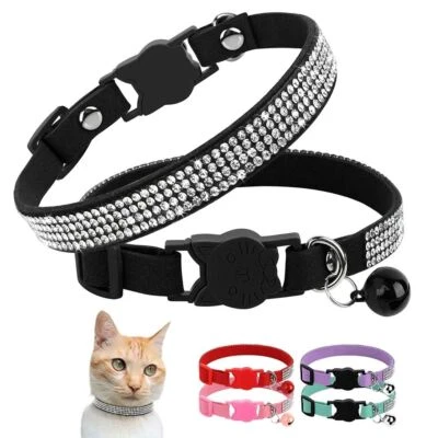 Puppy Necklace Soft Suede Leather Cat Collar with Bell Rhinestone Cats Collars - Image 1 of 4