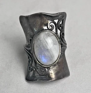 Vintage Israel Sterling Silver Ring Moonstone 925 Wide Band Shield Size 10 - Picture 1 of 15