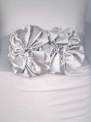 Elegant Fashion Women Satin Two Flowers Waistband Silver Elastic Belt Size s m l - Image 1 of 4