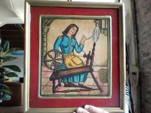 Dessin femme avec rouet metier a tisser sans date sans signature sur isorel - Picture 1 of 1