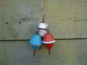 3 X Wooden Fishing Boat Net Floats On Rope Red Blue White Wood Buoys Trawler - Picture 1 of 9