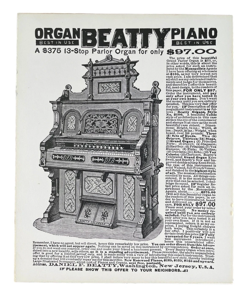 Daniel F. Beatty Organ & Piano $97.00 Vintage Advertising Promotional Sign 8x10" - Image 1 of 3