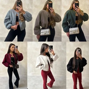 Womens Zip Bomber Jacket Ladies Long Balloon Puff Sleeve Zipper Jumper Crop Top - Picture 1 of 17