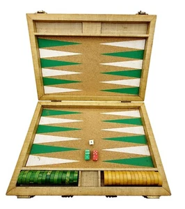 Vintage Wood & Cork Backgammon Set w/ Bakelite Green & Butterscotch Swirl Pieces - Picture 1 of 20