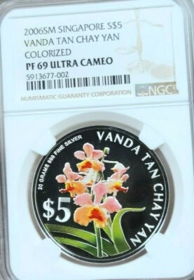 Singapur 2006 5 dólares de plata Vanda Tan Chay Yan NGC PF 69 ultra camafeo escaso Foto 1 de 4