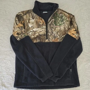 Columbia PFG Camo Fleece Mens Med. Black Mossy Oak Quarter Zip Pullover Fishing - Picture 1 of 4