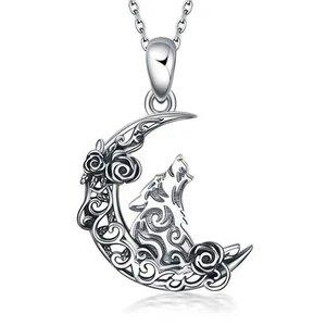 Sterling Silver Wolf Pendant Necklace - Moon Phase Viking Jewelry Gift for Women - Picture 1 of 7