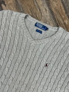 Polo Ralph Lauren Pullover Herren L Beige Zopfmuster Baumwolle V-Ausschnitt Preppy Vintage - Bild 1 von 8
