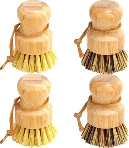 Bamboo Dish Brush Set, 4 Pcs Palm Wooden 2p Palm+2p Sisal, Beige, Yellow  - Picture 1 of 7