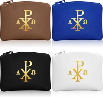 4 Pcs PU Leather Rosary Pouch with Gold Cross, Coin Purse Holder for Travel Vint - Image 1 of 4