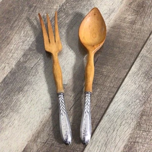Vintage Sterling Silver Handle Wooden Serving Fork & Spoon Set - Picture 1 of 10