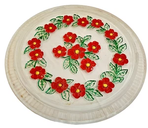 VTG Satin Glass Cake Plate Stand Reverse Painted Red Flowers 11.5” Retro - Picture 1 of 8