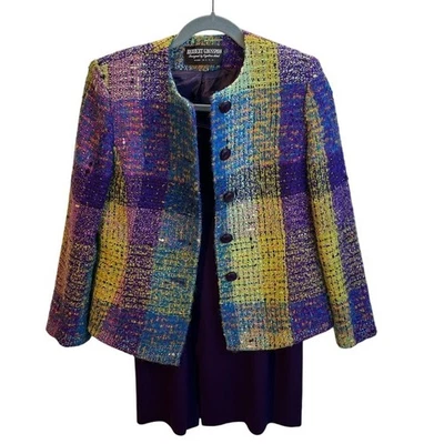 Vintage Herbert Grossman Tweed Jacket & Skirt Suit Purple Yellow Blue W - Image 1 of 4