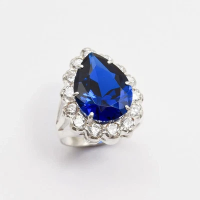 3.50 Ct Pear Natural Blue Sapphire Gemstone Real 14K White Gold Ring Size 7 6 5 - Image 1 of 4