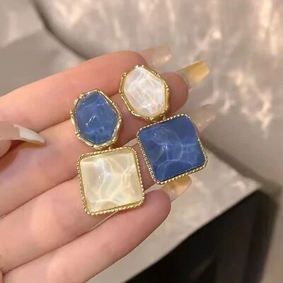 Frauen Runde Quadratische Kristall Stein Tropfen Ohrringe - Dunkelblau Weiß - Bild 1 von 4